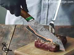 Real Damascus Chef Knife - Hand-Forged Damascus Steel Blade with Copper Accents.