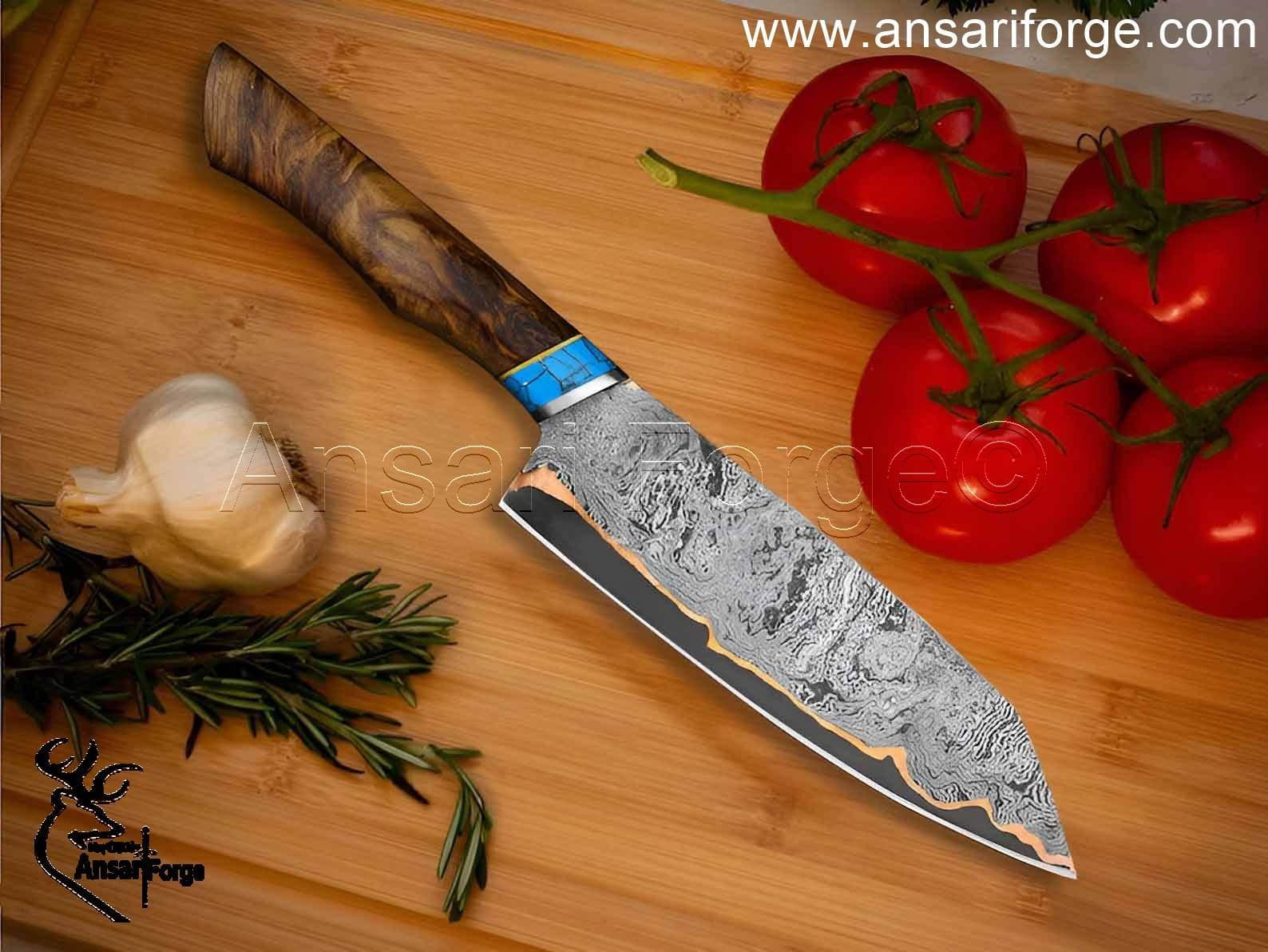 Copper Damascus Chef Knife - Rosewood Burl Handle with Turquoise Stone Inlay.