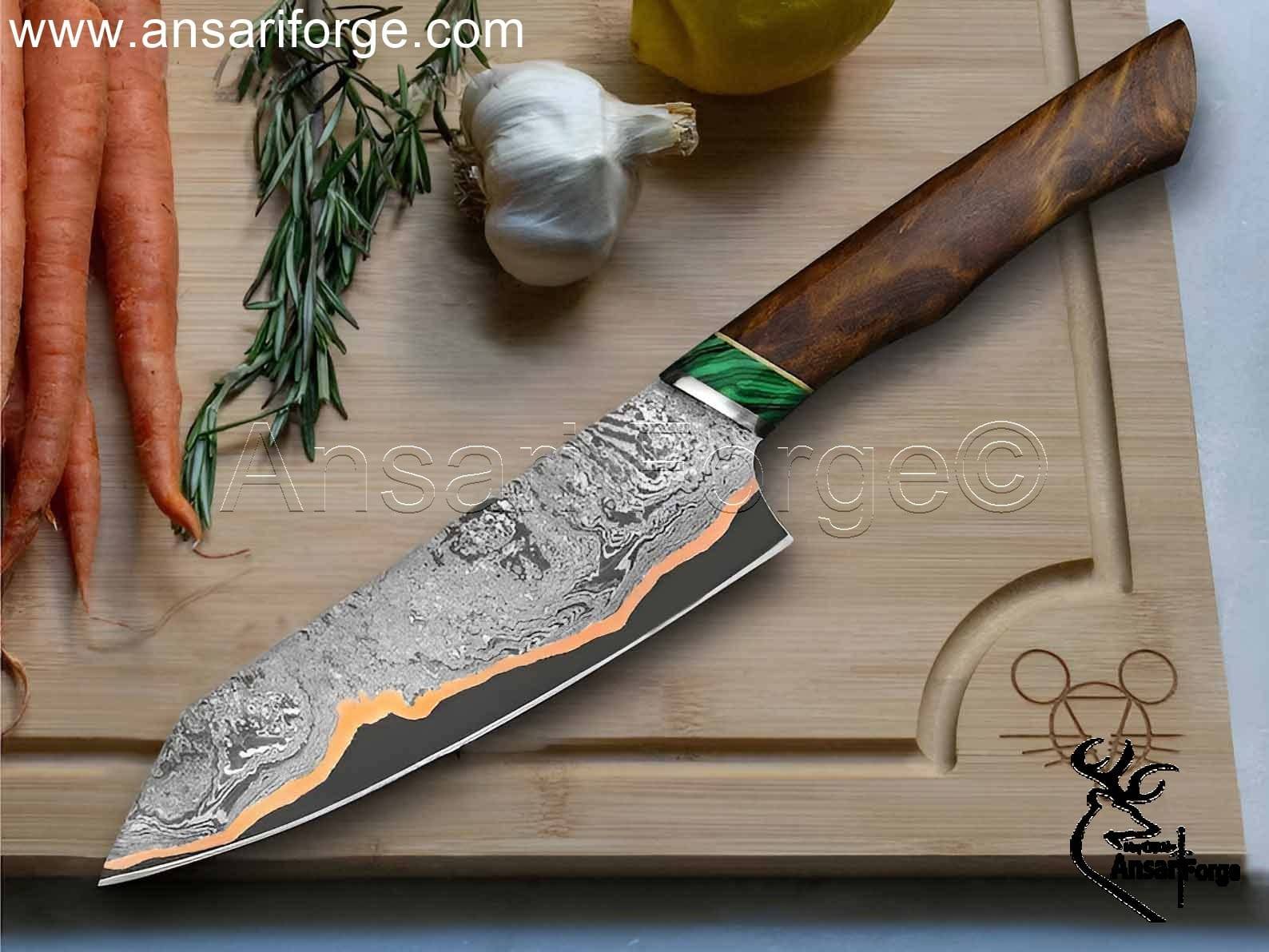Copper Damascus Chef Knife - Handmade by Ansari Forge Now on sale.