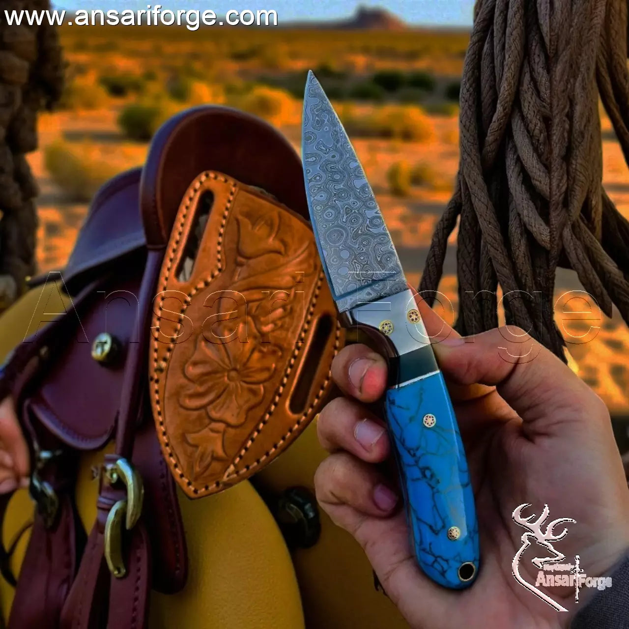 Cowboy Knife held in hand showing its full-tang grip and 8-inch overall length.