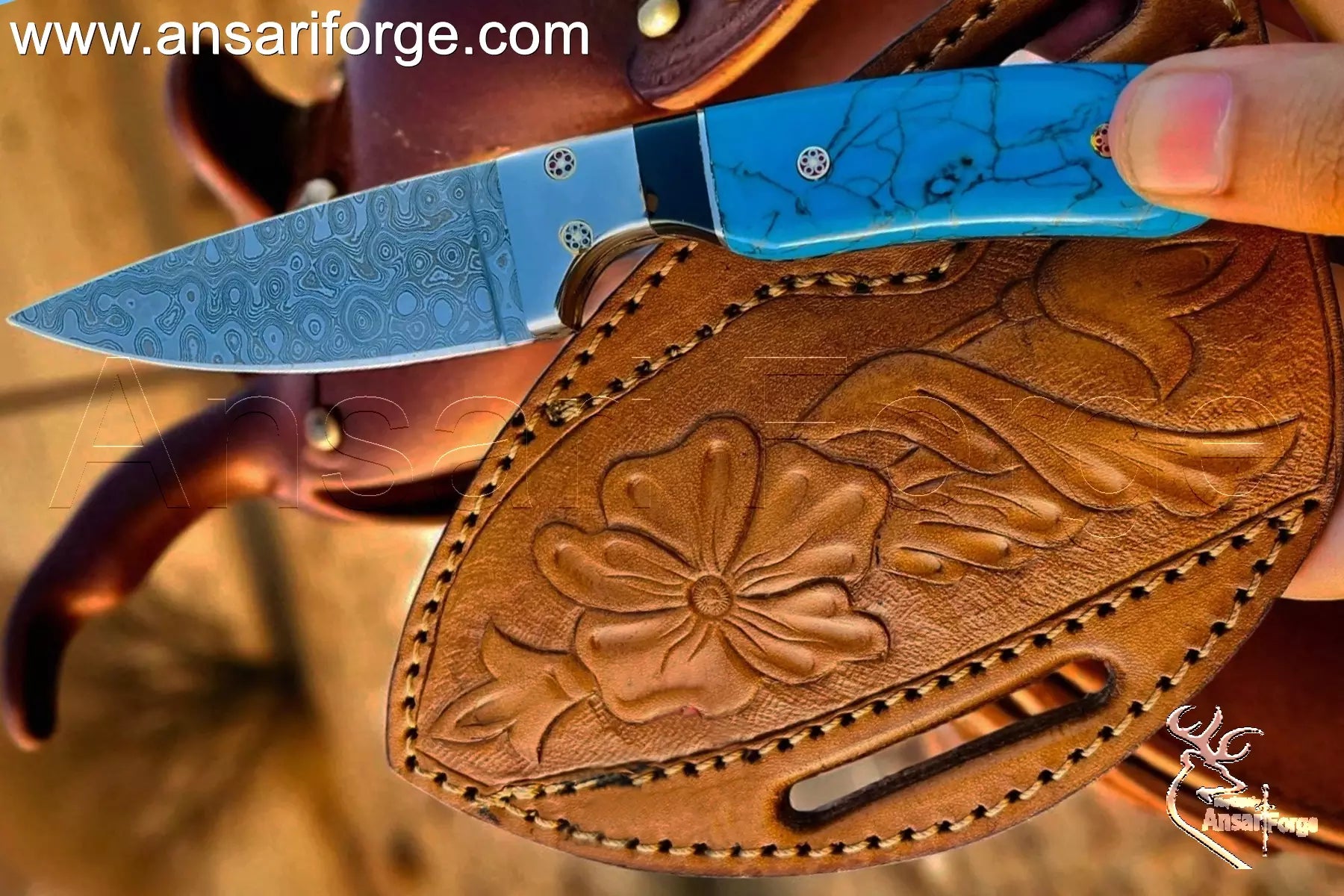 Hand-stitched cross draw leather sheath with tooling art for Cowboy Knife