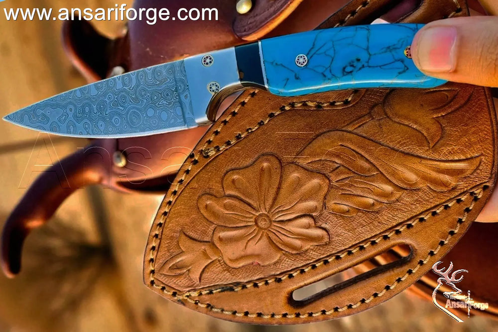 Hand-stitched cross draw leather sheath with tooling art for Cowboy Knife
