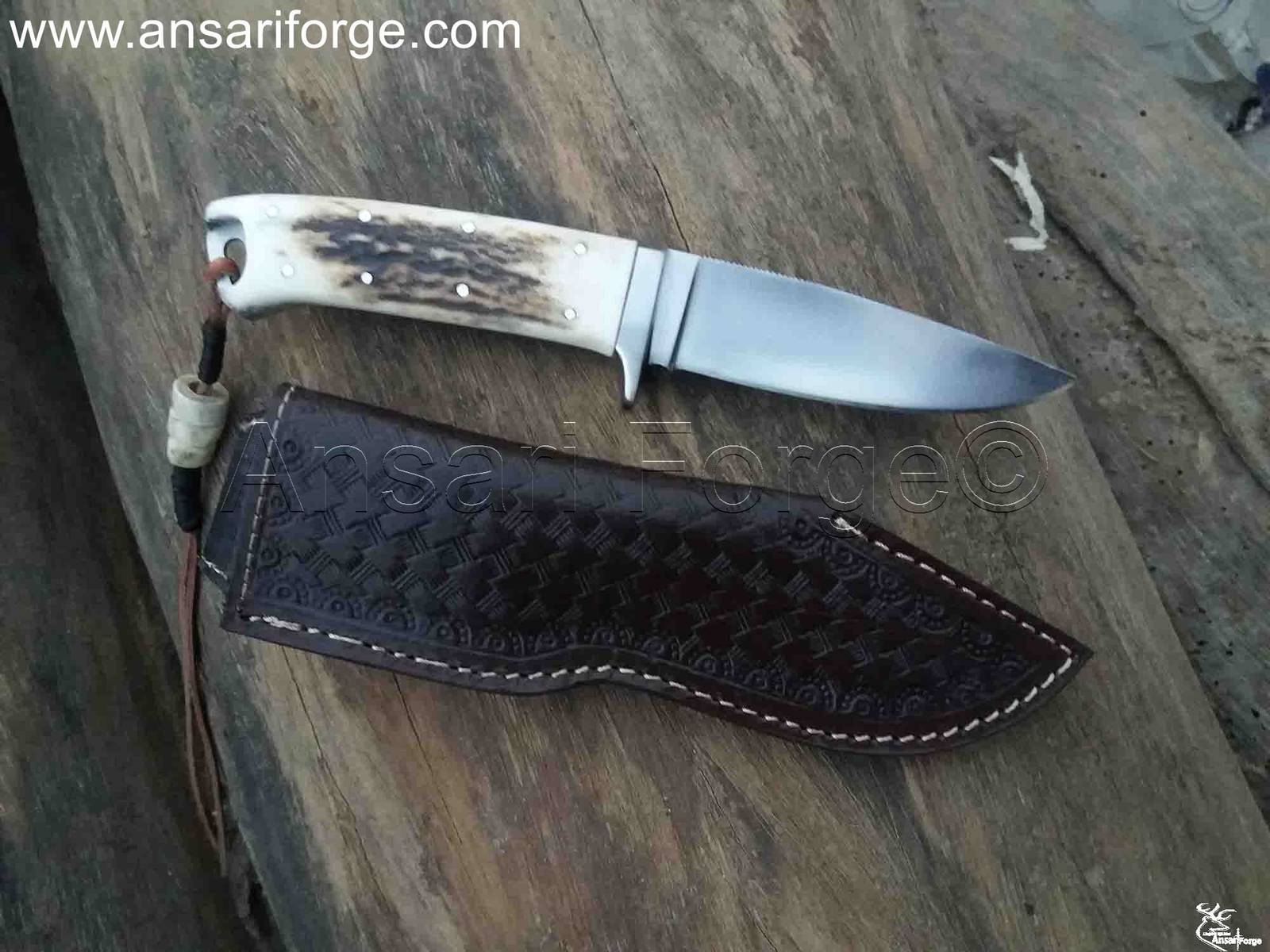 D2 knife with antler handle & leather sheath for sale.