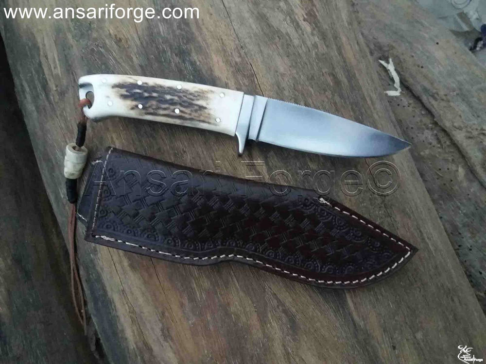 D2 knife with antler handle & leather sheath for sale.