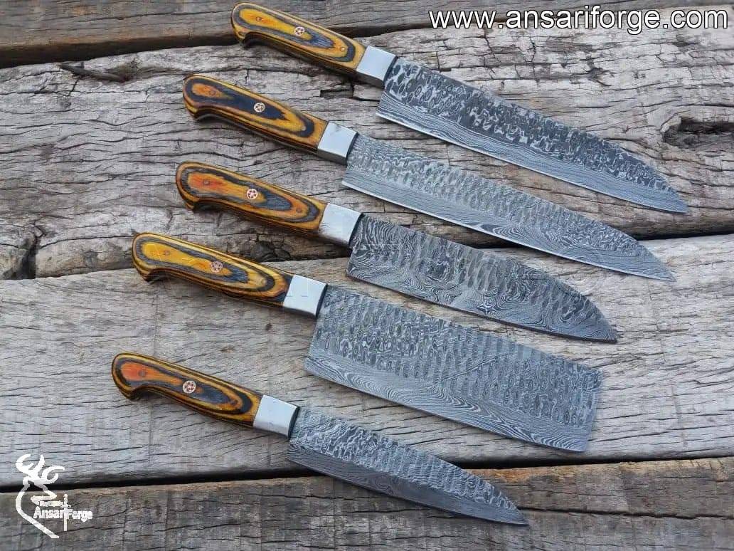 Luxury Damascus steel knife set – perfect present for chefs and cooking enthusiasts.