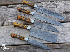 Hand-forged Damascus Chef Knife Set with 5 blades and leather roll case – high-carbon steel and nickel twist pattern.
