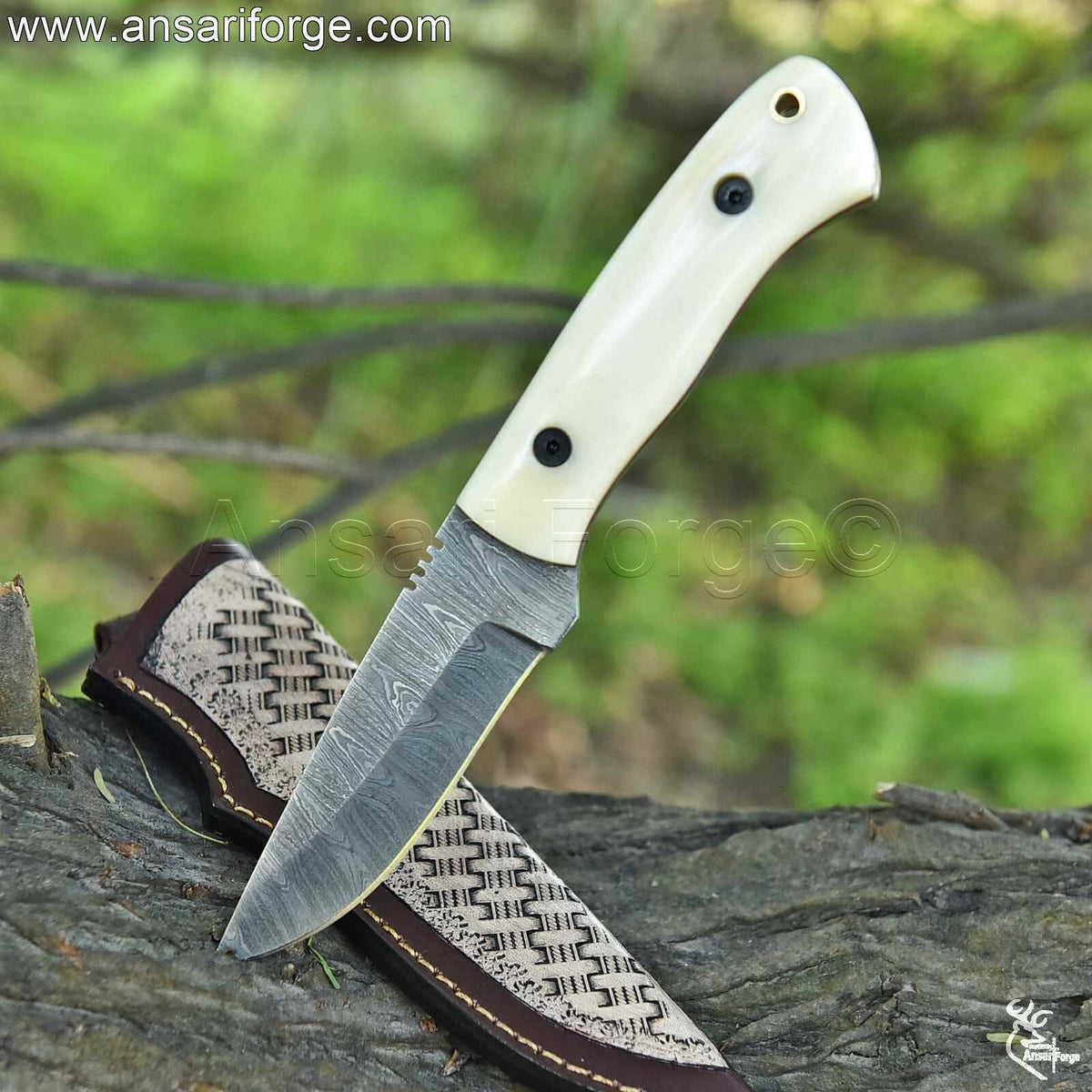 Hand-forged Damascus steel bone handle knife with twist pattern blade - 60 HRC hardness.