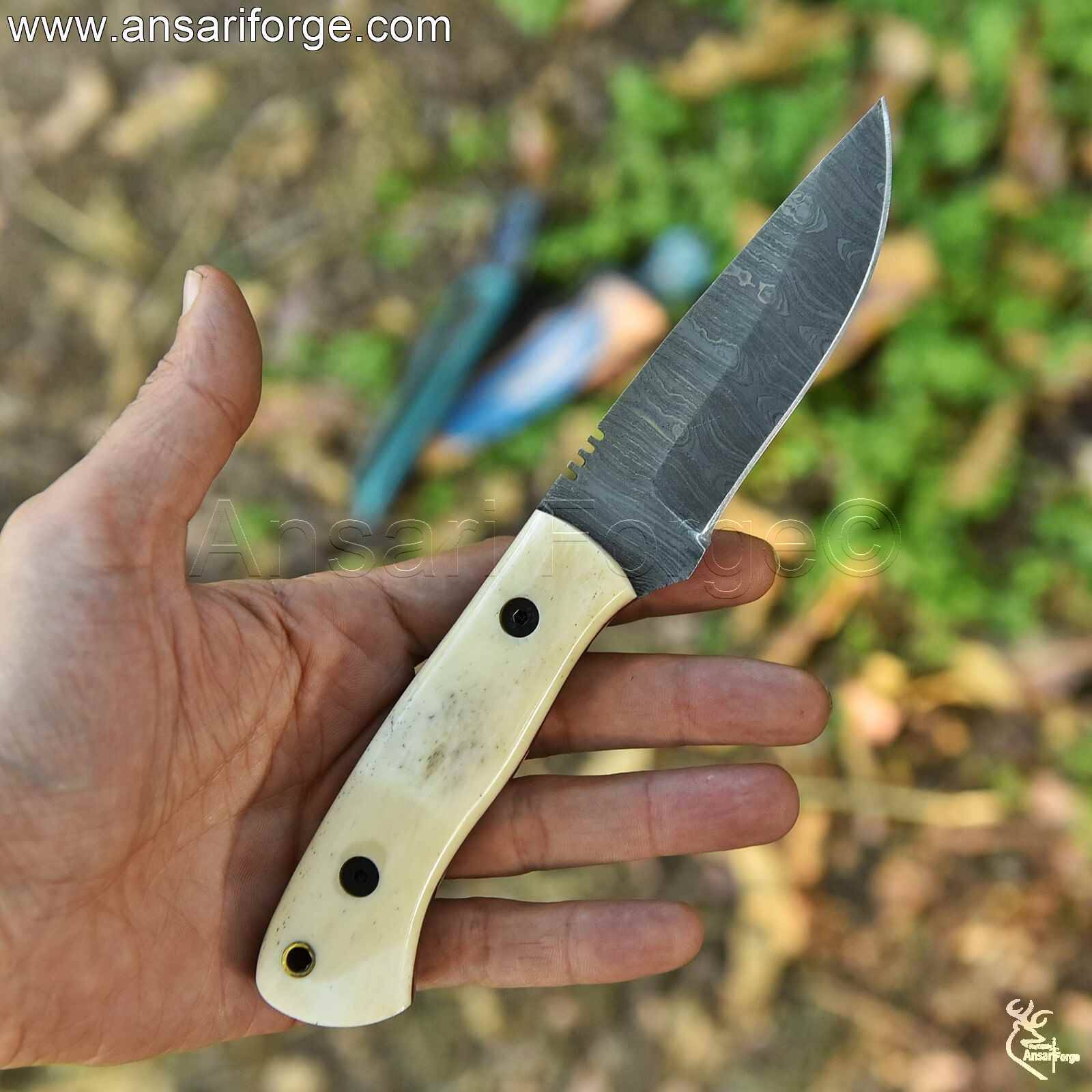 Premium skinner knife with camel bone handle and full tang Damascus blade - Ansari Forge.
