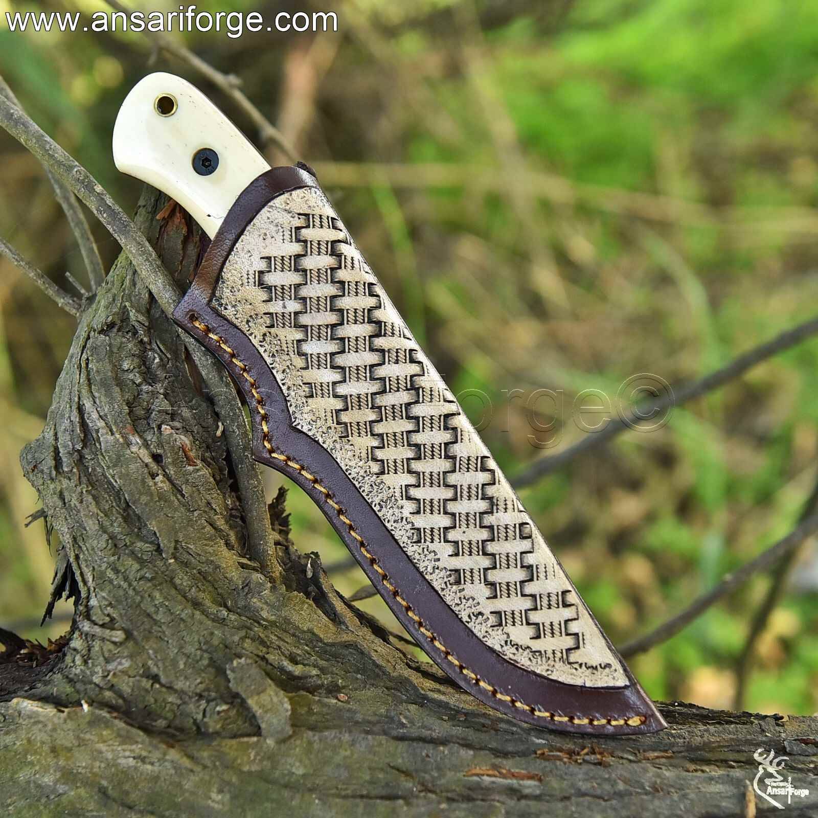 Luxury presentation of handmade bone handle knife set with leather sheath - collector's edition.