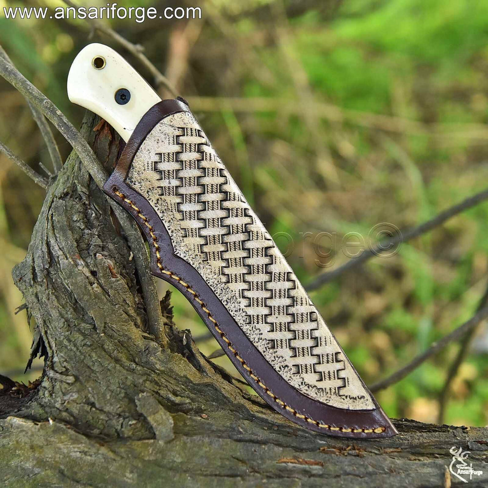 Luxury presentation of handmade bone handle knife set with leather sheath - collector's edition.