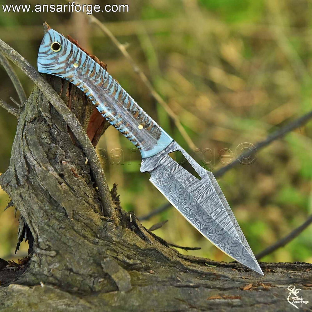 Best Damascus Steel Camping Knife – Full Tang 4-Inch Blade with Pinecone Wood Handle.