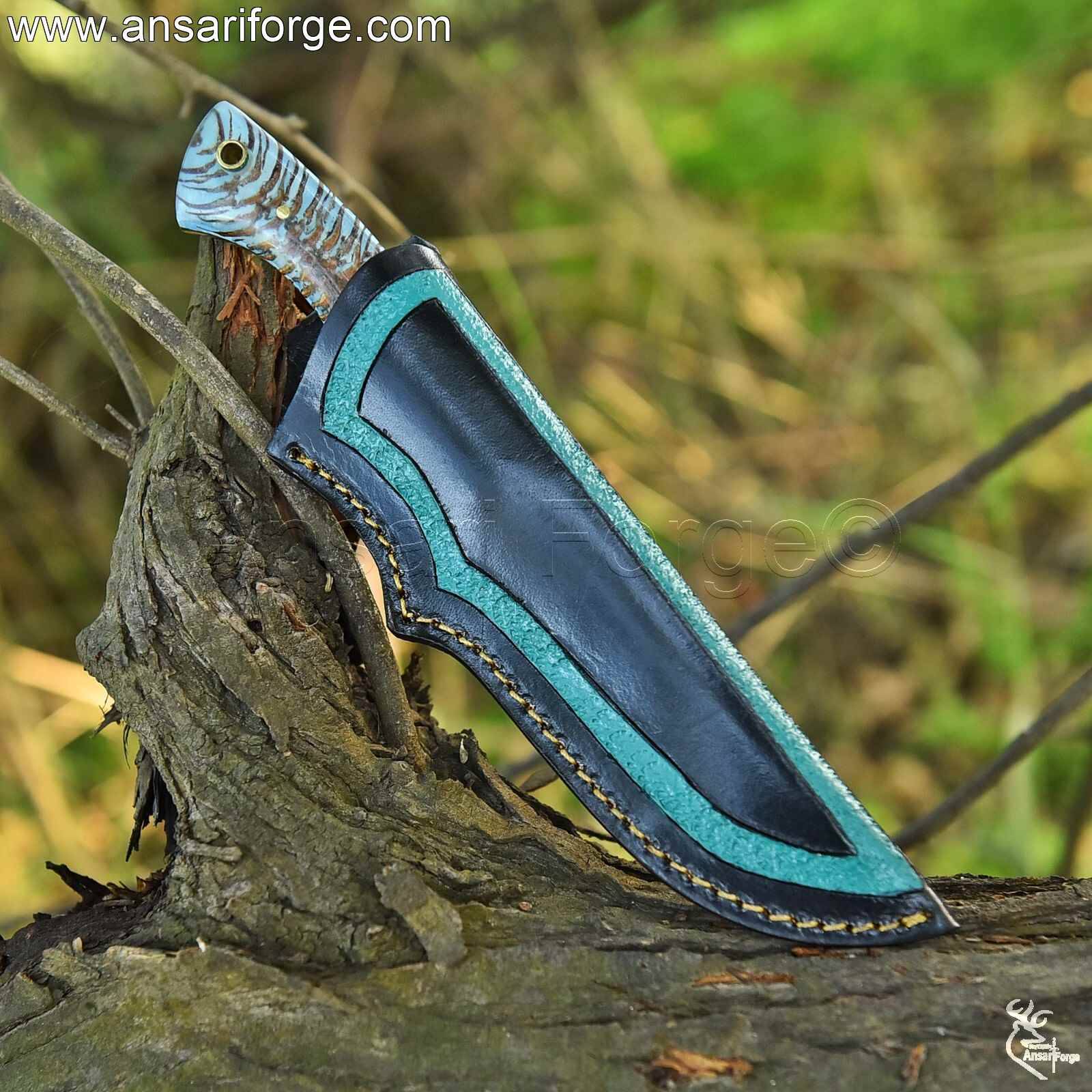 Ansari Forge Damascus Camp Knife in Genuine Cowhide Leather Sheath – Survival & Bushcraft Ready.