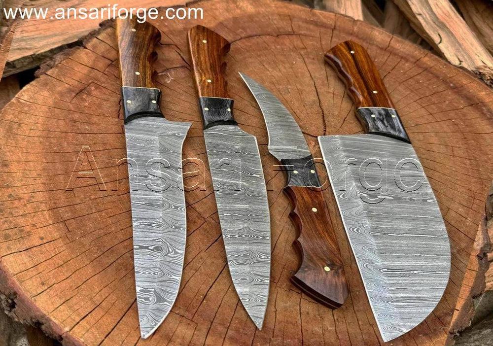 Hand-forged Damascus steel chef knife set with beautiful twisted pattern, rosewood handles, and a luxurious genuine cowhide leather roll bag.