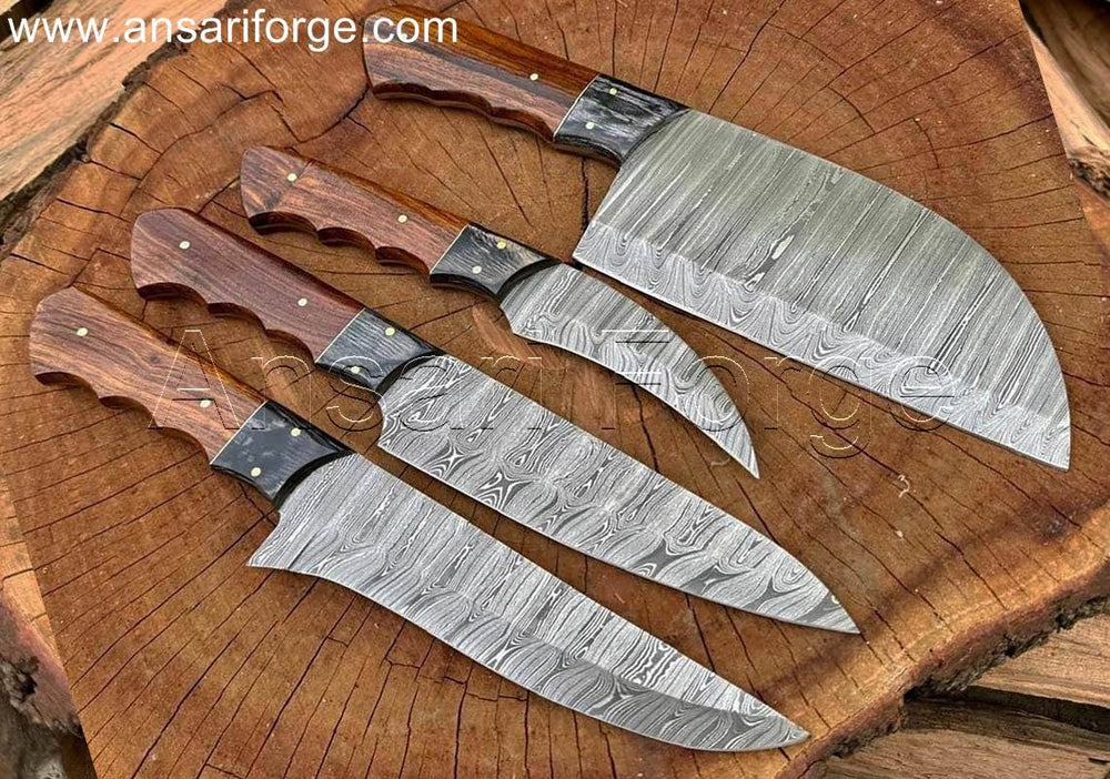 Damascus steel chef knives set with rosewood handles