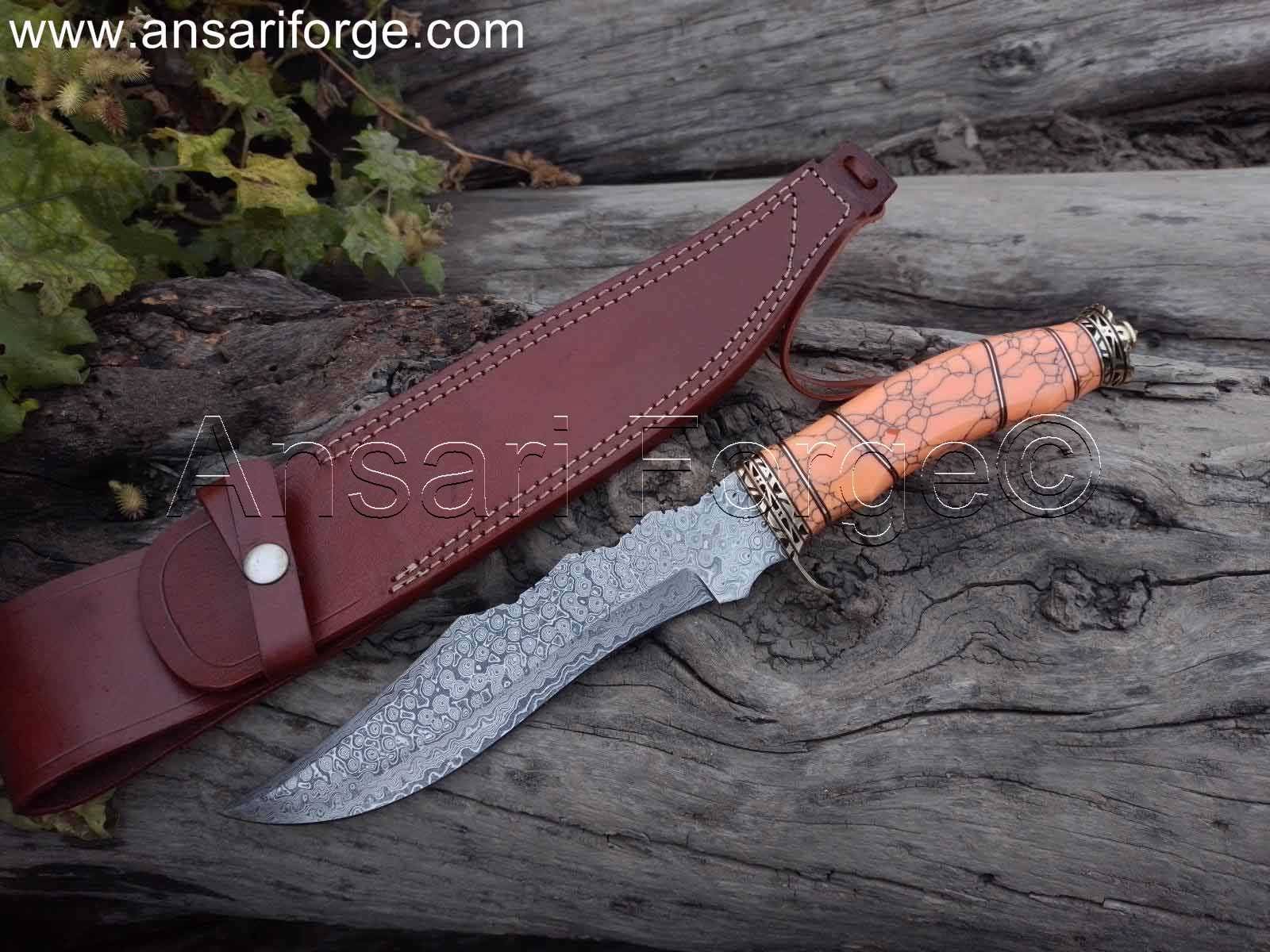 Handmade Damascus Knife displayed with its durable cowhide leather sheath, emphasizing protection and portability.