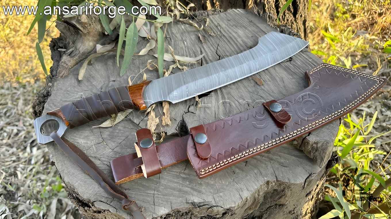 Hand-forged Damascus steel machete knife with twist pattern - 14-inch blade for survival and brush clearing.
