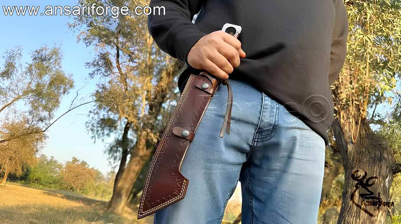 Genuine cowhide leather sheath for Damascus steel machete - handmade protective cover.