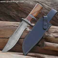 Hand-forged Damascus steel Best Bowie knife with full tang, leather sheath, and exceptional sharpness