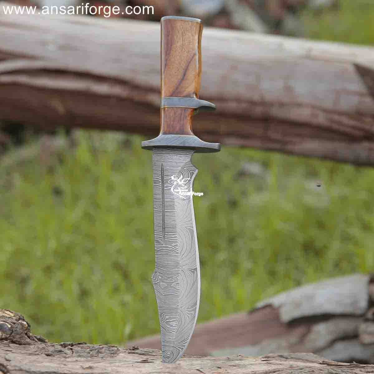 Experience the power and beauty of this hand-forged Damascus steel Best Bowie knife with full tang and leather sheath.