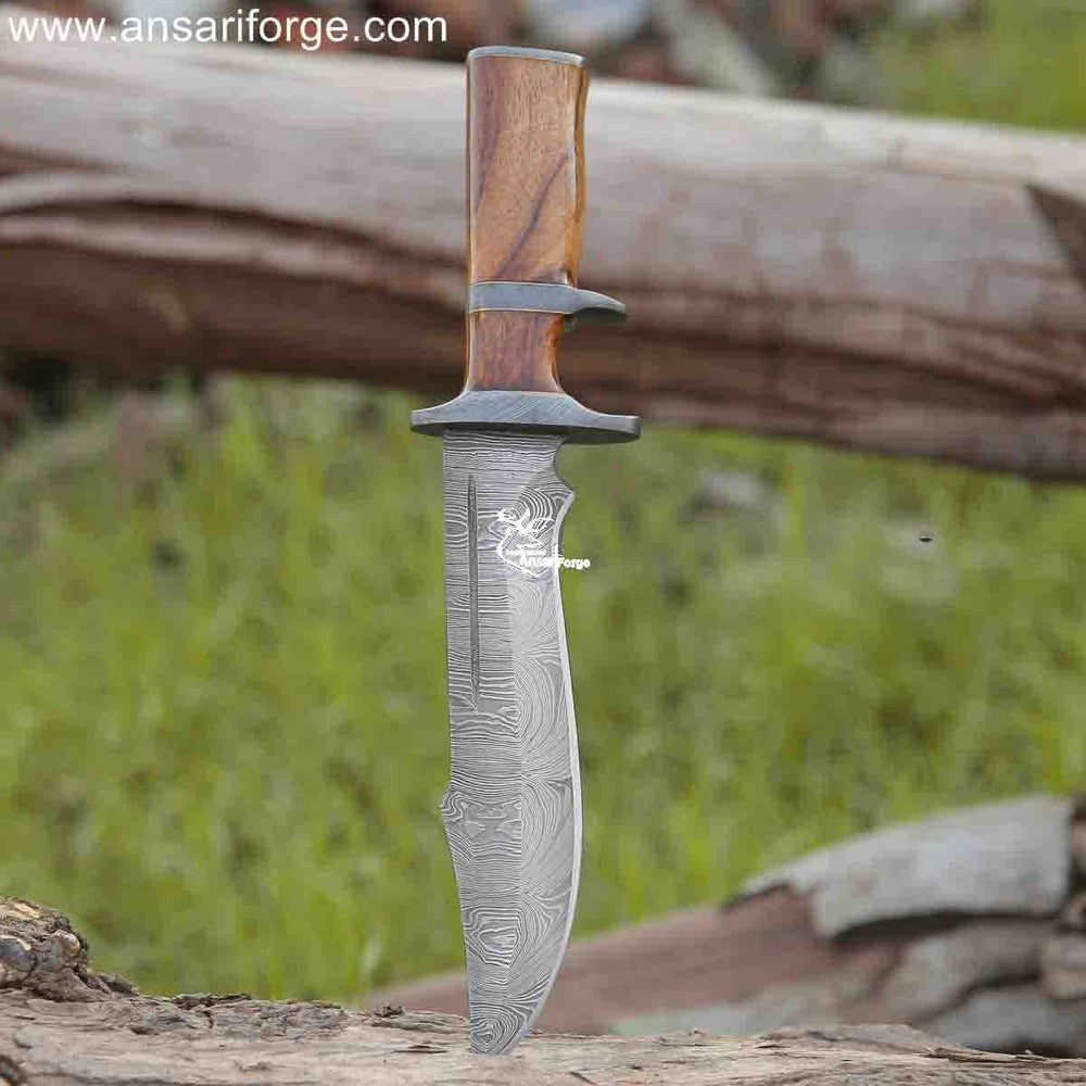 Experience the power and beauty of this hand-forged Damascus steel Best Bowie knife with full tang and leather sheath.