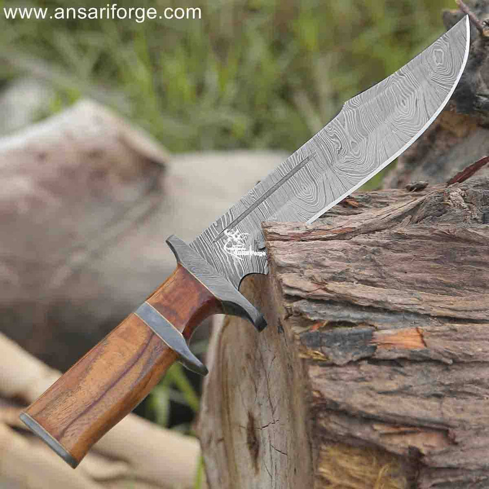 Own a piece of history with this hand-forged Damascus steel Best Bowie knife, featuring a full tang and a protective leather sheath.