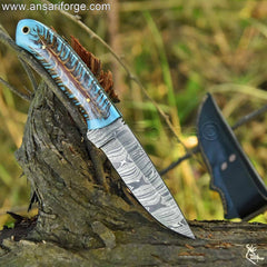 Best Hunting Knife - Full Tang Damascus Steel Blade with Genuine Cowhide Leather Sheath.