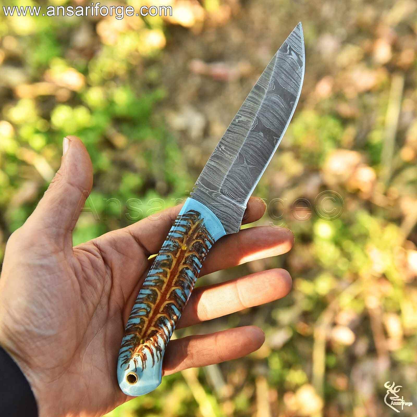 Ergonomic Pinecone Handle on Damascus Camping Knife - Non-Slip Grip for Outdoor Use.