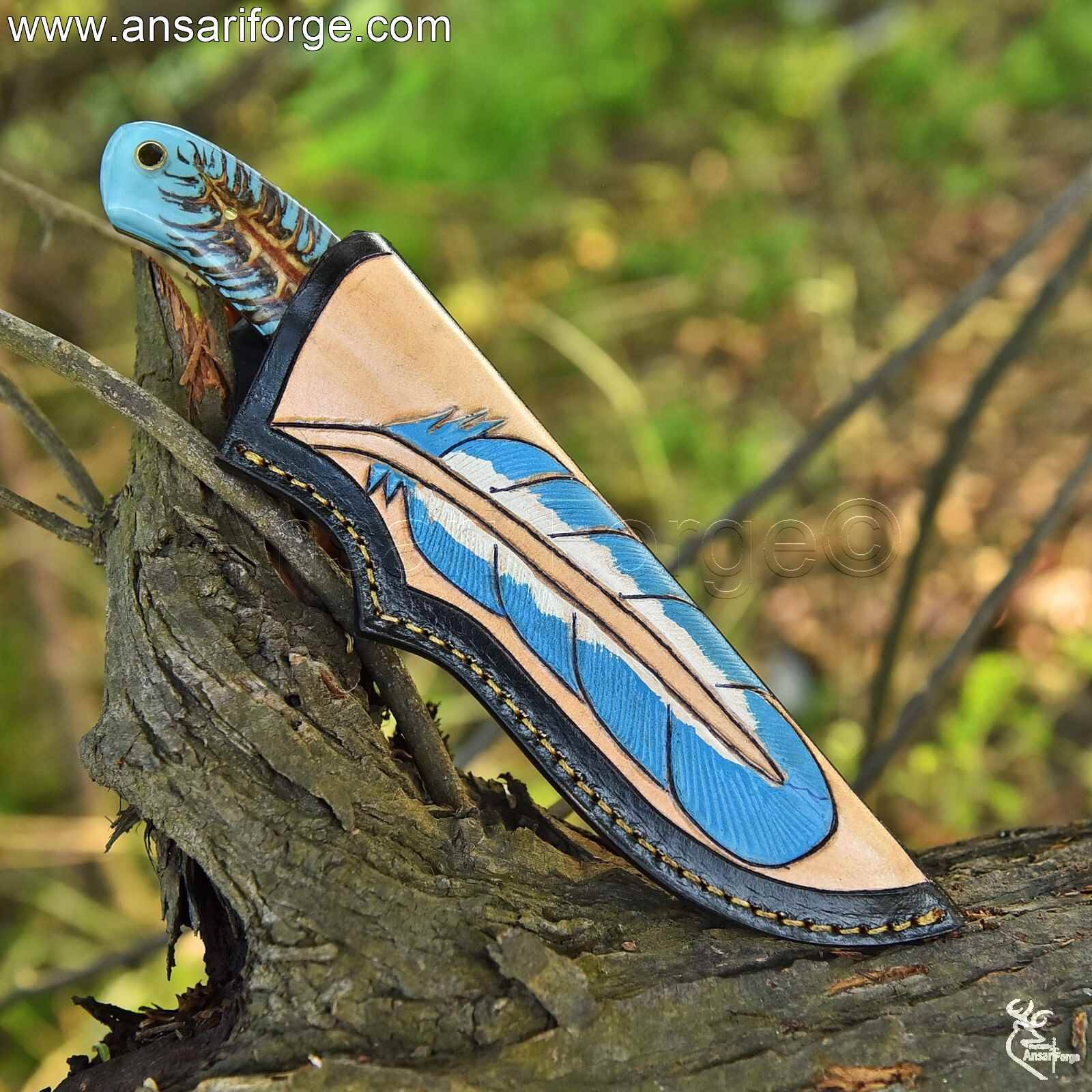 Handmade Leather Sheath for Damascus Survival Knife - Durable Cowhide Protection.