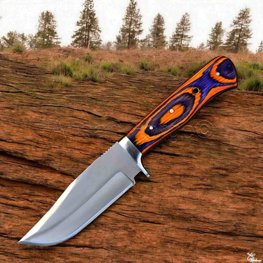 Hand-forged D2 Steel Hunting Knife with Pakka Wood Handle and Leather Sheath.