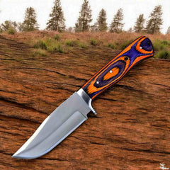 Hand-forged D2 Steel Hunting Knife with Pakka Wood Handle and Leather Sheath.