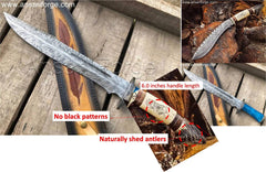 Custom order - feather Damascus steel blade and bone/stag handle with brass guard