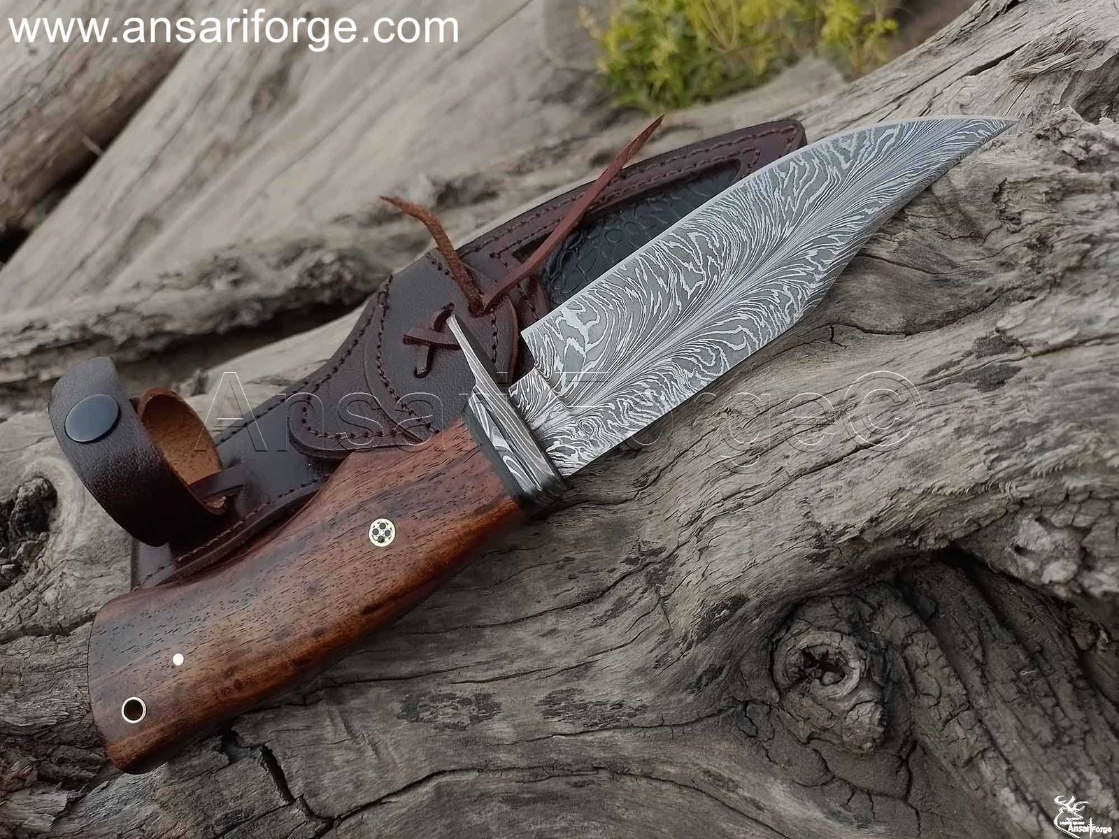 Feather Damascus knife with Damascus guard made by Ansari Forge.