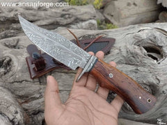 10 Inch Damascus Hunting Knife - Leather Sheath Included.