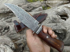 Feather Damascus Knife With Sheath - Ansari Forge.