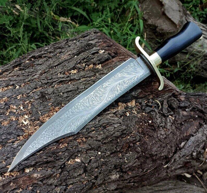 Damascus Bowie Knife Original Feather Blade Alamo Musso Replica With Leather Sheath