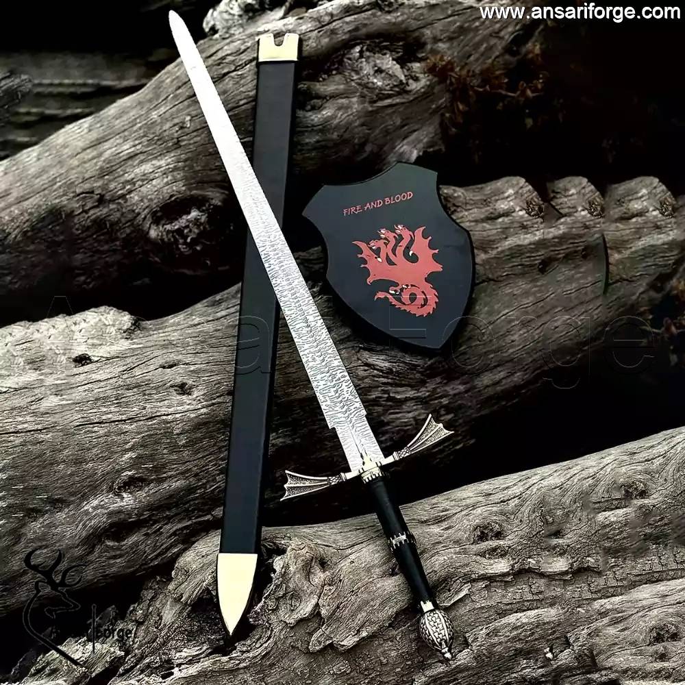 Studio shot of the Dark Sister sword replica held by a collector, emphasizing its size and 56 HRC hardness.