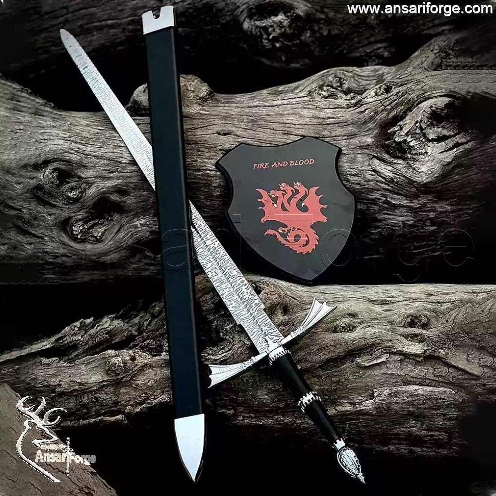 Full view of the 41-inch Dark Sister sword replica and its leather-wrapped wooden scabbard, perfect for display.
