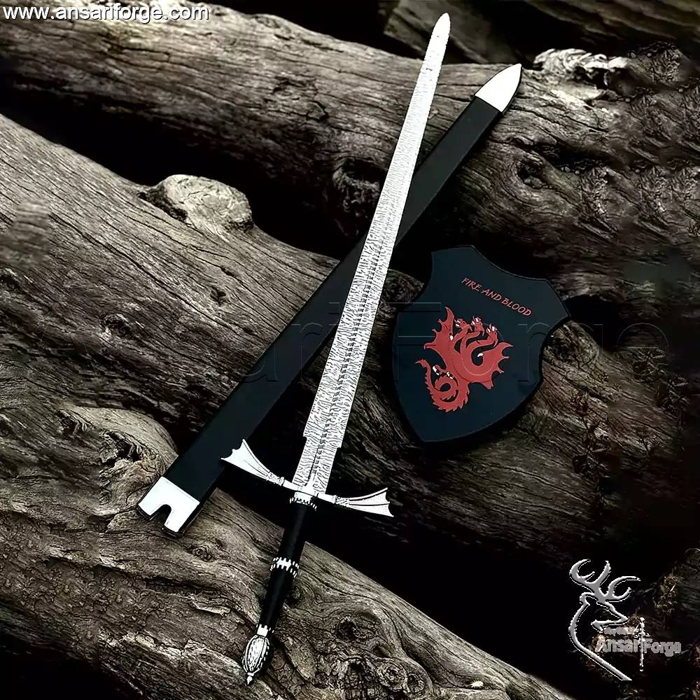 Full view of the 41-inch Dark Sister sword replica and its leather-wrapped wooden scabbard, perfect for display.