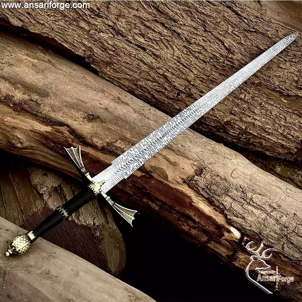 Side profile of the Dark Sister sword replica handle showing the Micarta grip and the double-handed design.