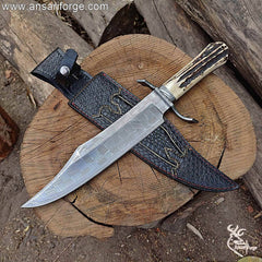 Razor-sharp Mosaic Damascus Bowie Knife blade with intricate basket wave pattern – hand-forged 1095 & 15n20 steel.