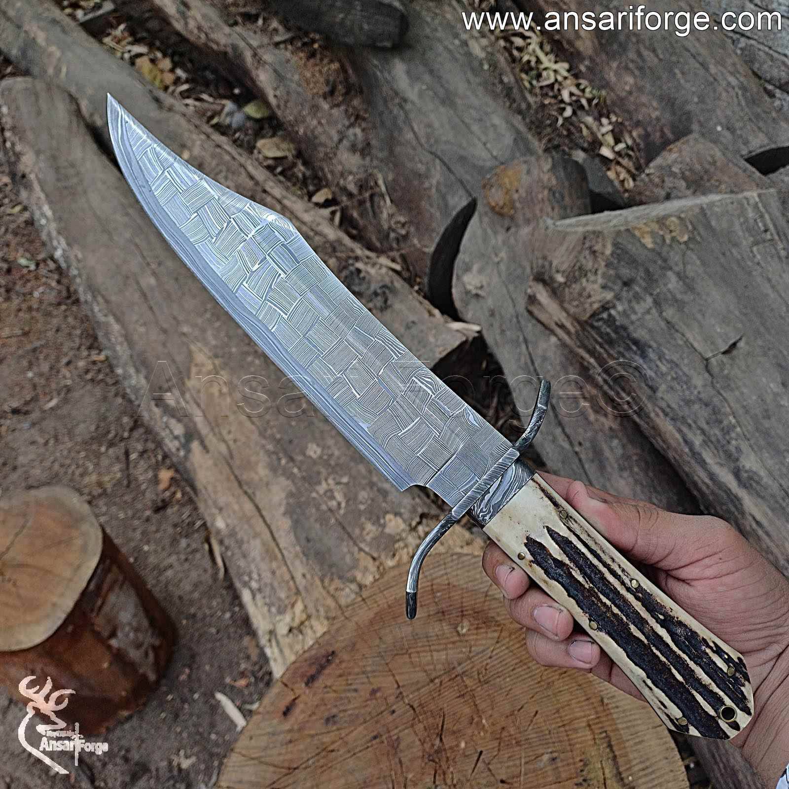 Mosaic Damascus Bowie Knife With Stag Handle.