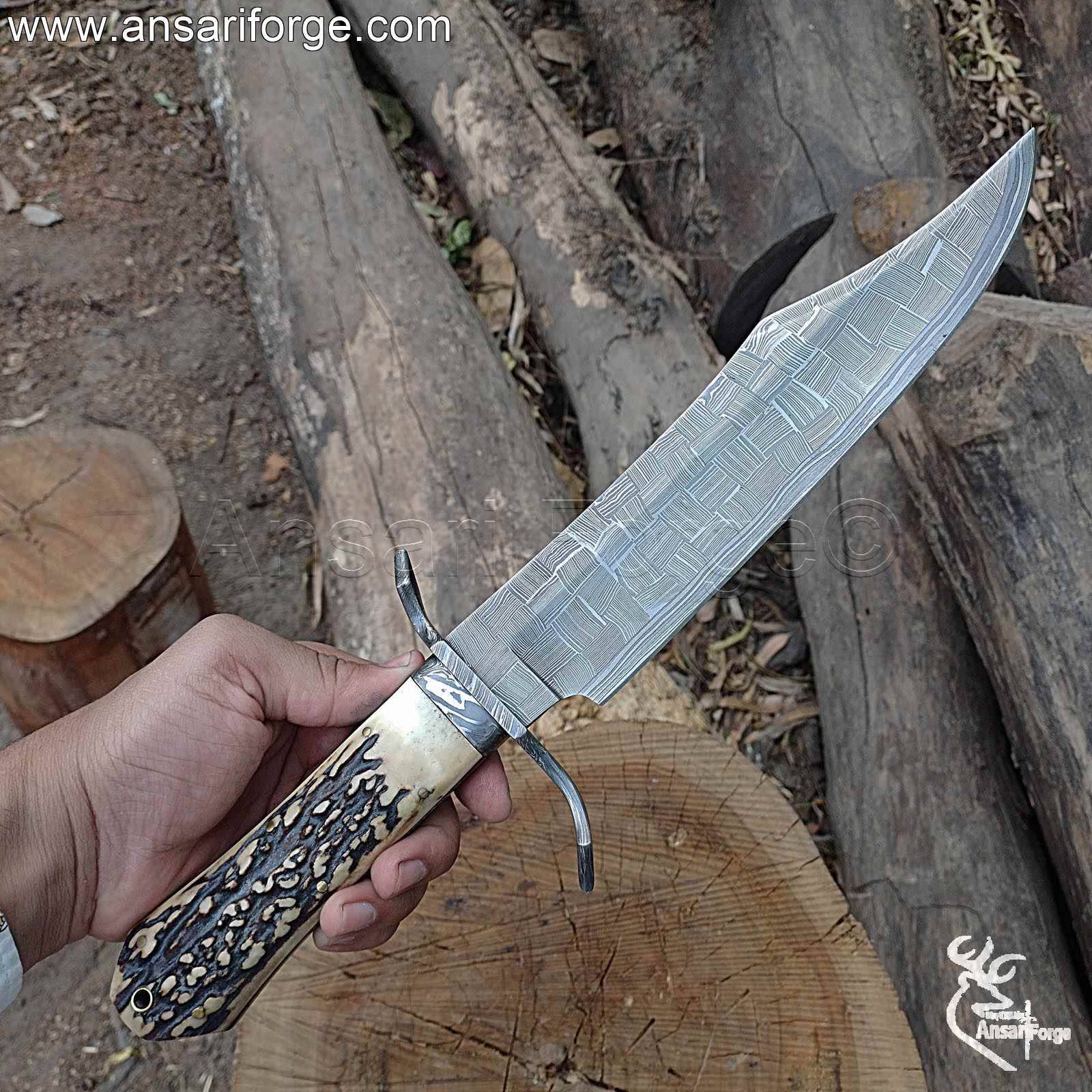 16" forged Damascus steel Bowie knife with handmade leather sheath.