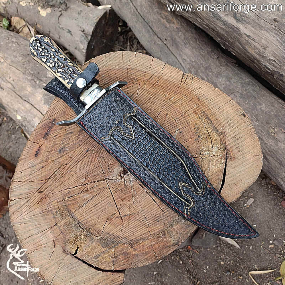 Mosaic Damascus Bowie knife in handcrafted leather sheath.