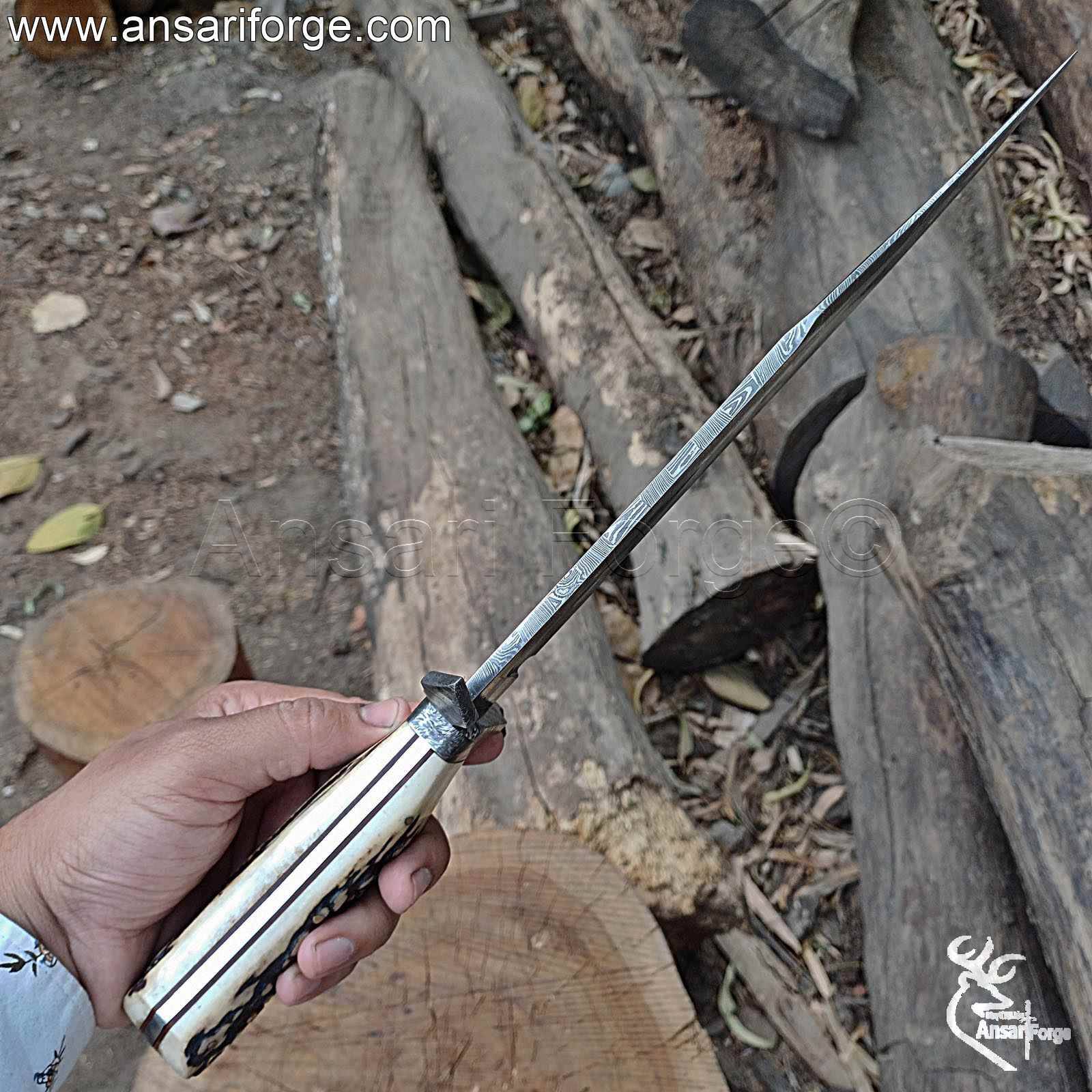 16-inch Mosaic Damascus Bowie Knife next to ruler – 10-inch blade, 6mm thickness.