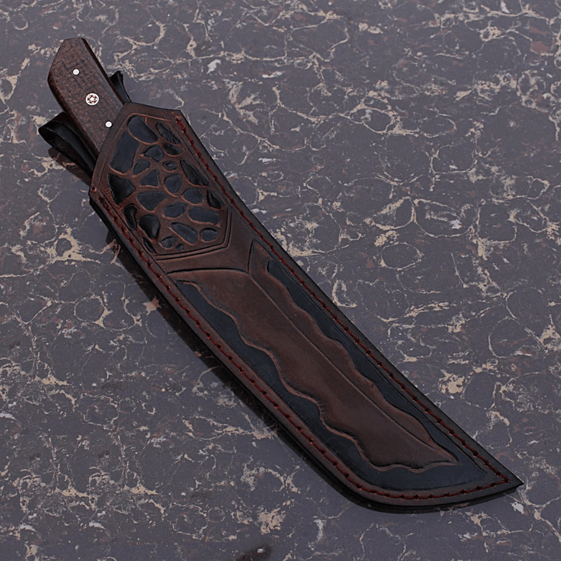D2 tool steel handmade Tanto blade hunter with tooled leather sheath San Mai type