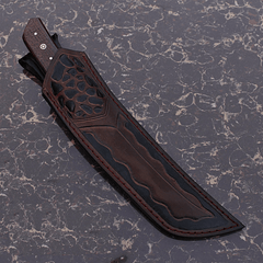 D2 tool steel handmade Tanto blade hunter with tooled leather sheath San Mai type
