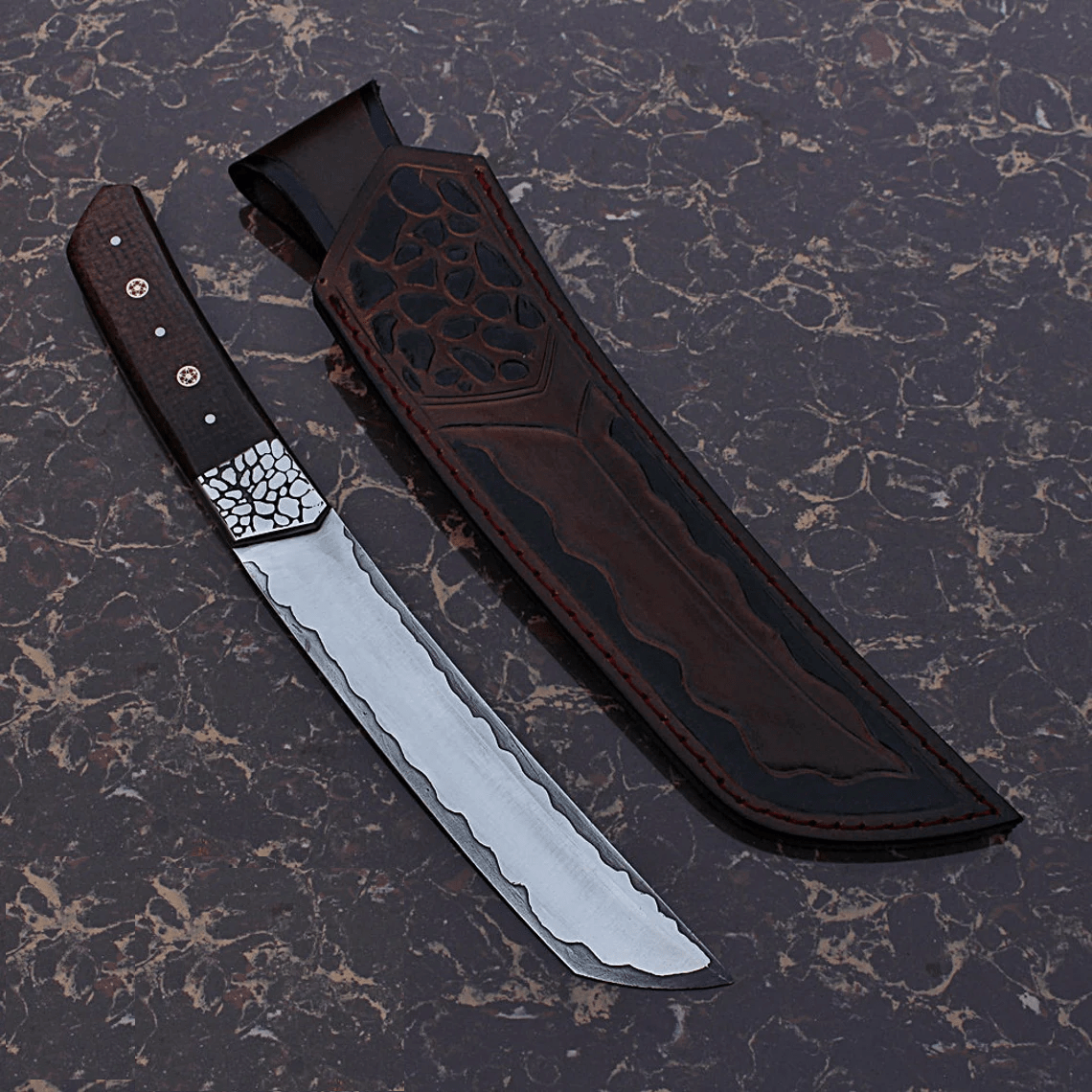 D2 tool steel handmade Tanto blade hunter with tooled leather sheath San Mai type