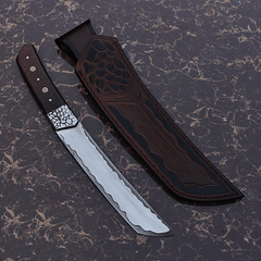 D2 tool steel handmade Tanto blade hunter with tooled leather sheath San Mai type
