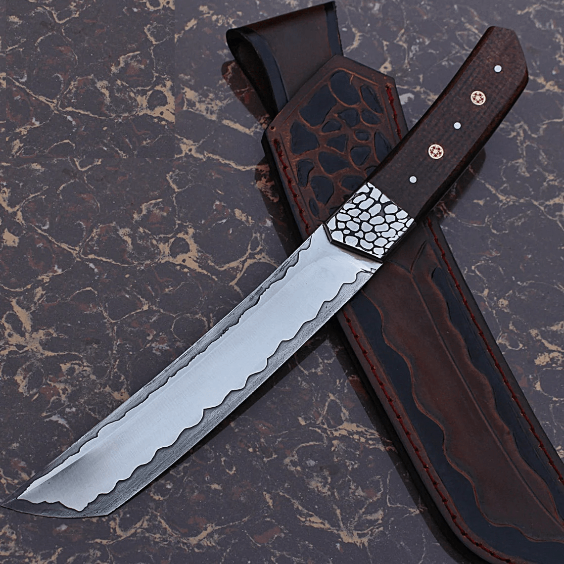 D2 tool steel handmade Tanto blade hunter with tooled leather sheath San Mai type