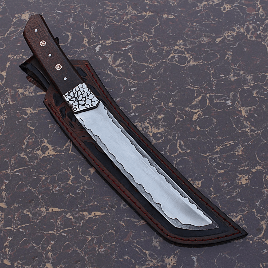 D2 tool steel handmade Tanto blade hunter with tooled leather sheath San Mai type